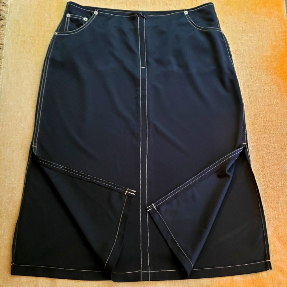Fiorlini Vintage Black With Yellow Stitching 5 Pocket Midi Side Split Skirt Sz:L